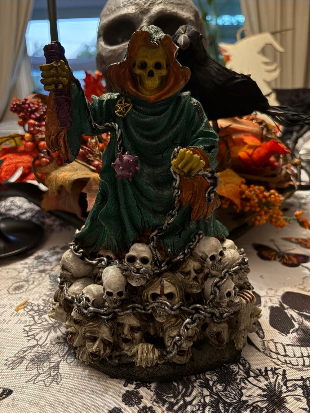 Green Hooded Skeleton Figurine Halloween Home Accent